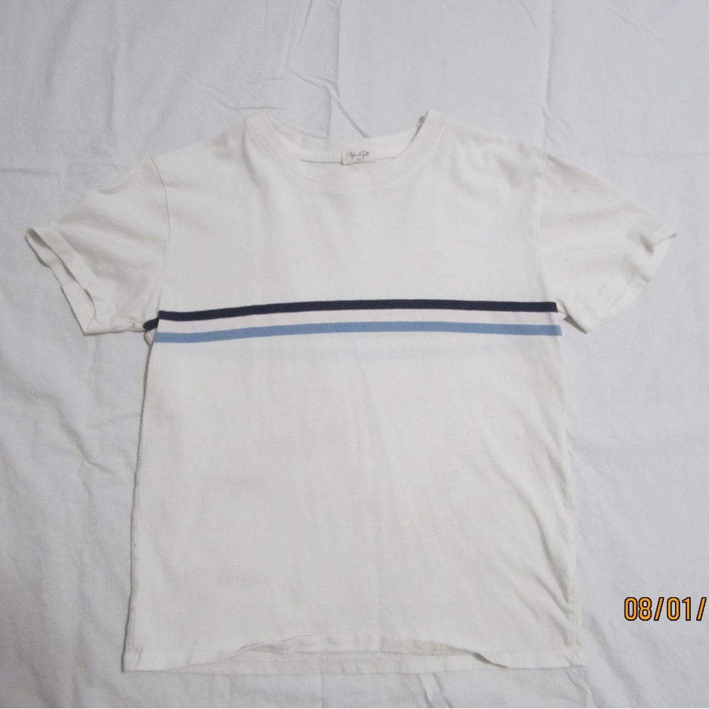 John Galt white tee with three stripes, size small